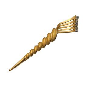 Gold Tone Spiral Sceptre Staff Brooch With Clear Rhinestone Accent